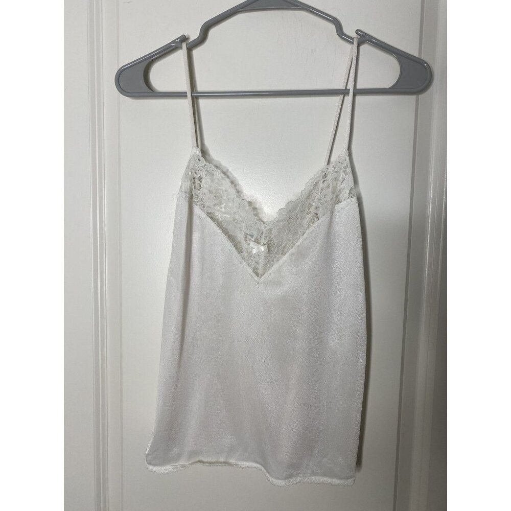 Vintage Sliperfection Ivory Nylon Satin Floral Lace Bow Camisole Top SM USA Made